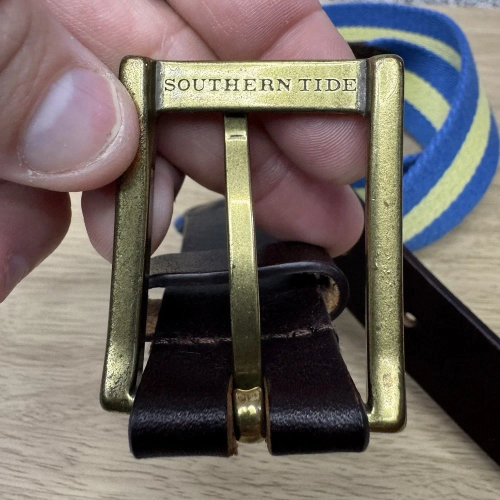 Southern Tide Belt Men's Size 32 Leather Canvas Webbed Golf Stretch Blue Yellow